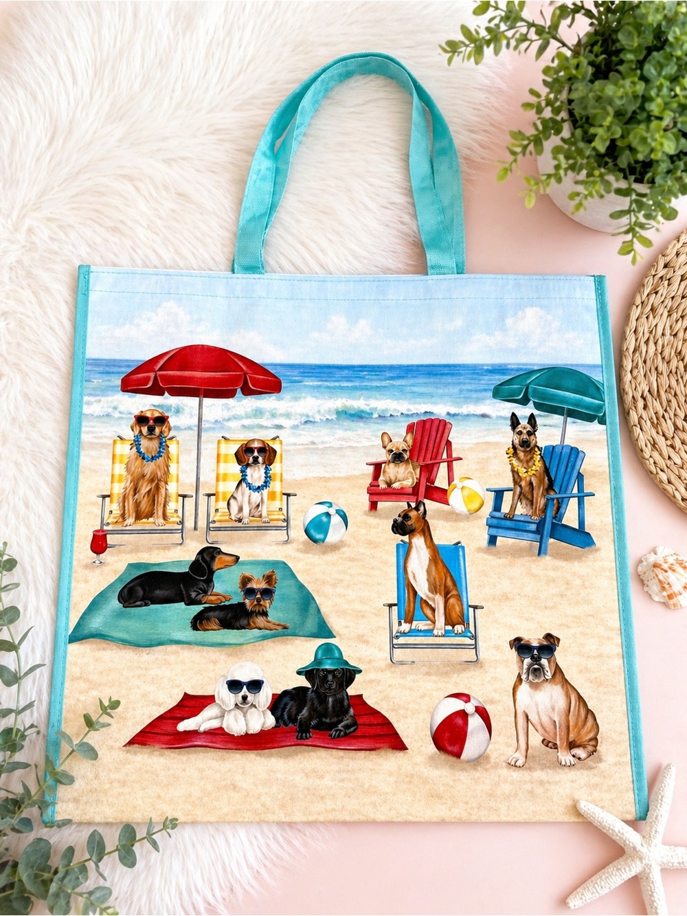 Dog Beach Tote Bag Cute Summer Dogs Print Reusable Shopper Large